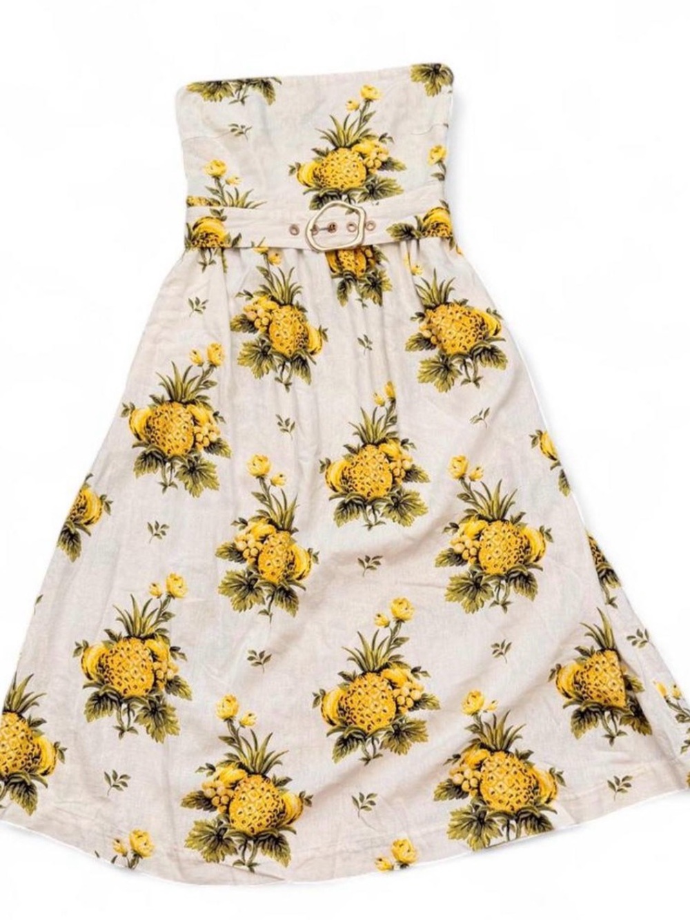 Tahari Cream Strapless Pineapple Print Dress with Yellow Accents